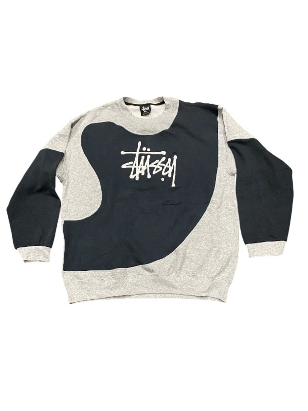 90s Vintage STUSSY Rework Crewneck Embroidered Pullover Sweater Navy Gray Large